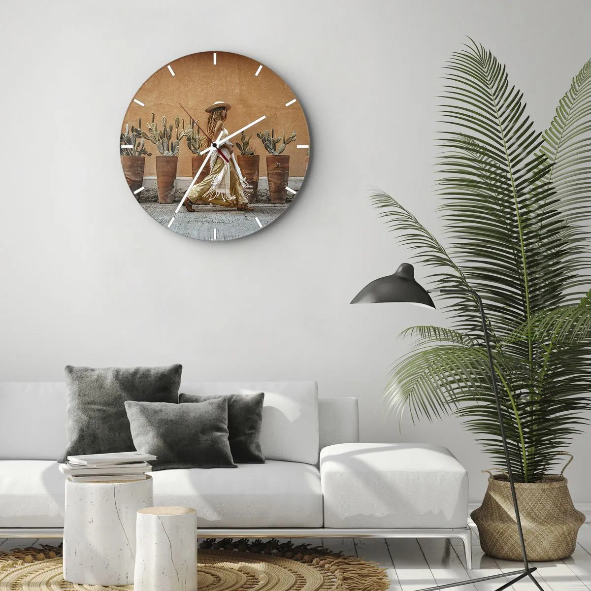 Wall clock - Clock on glass - Stylized hippie woman against a background of pots of cacti - 30x30cm - Hippie Style - Modern wall decoration for the living room, kitchen, and bedroom ARTTOR