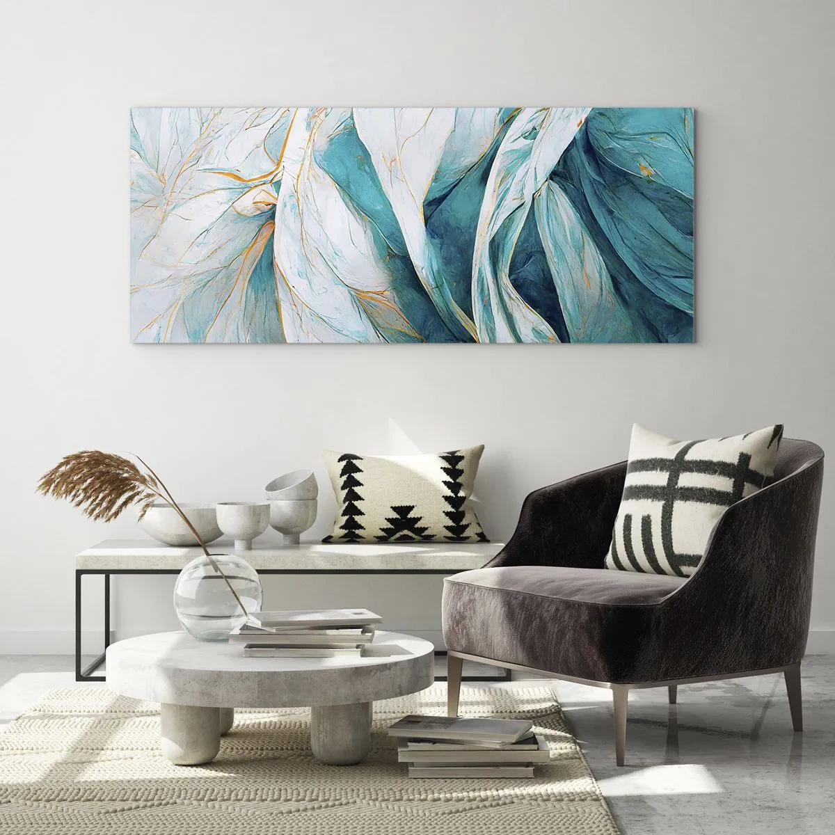 Glass picture - Blue Abstract with a Golden Motif - 160x50 cm