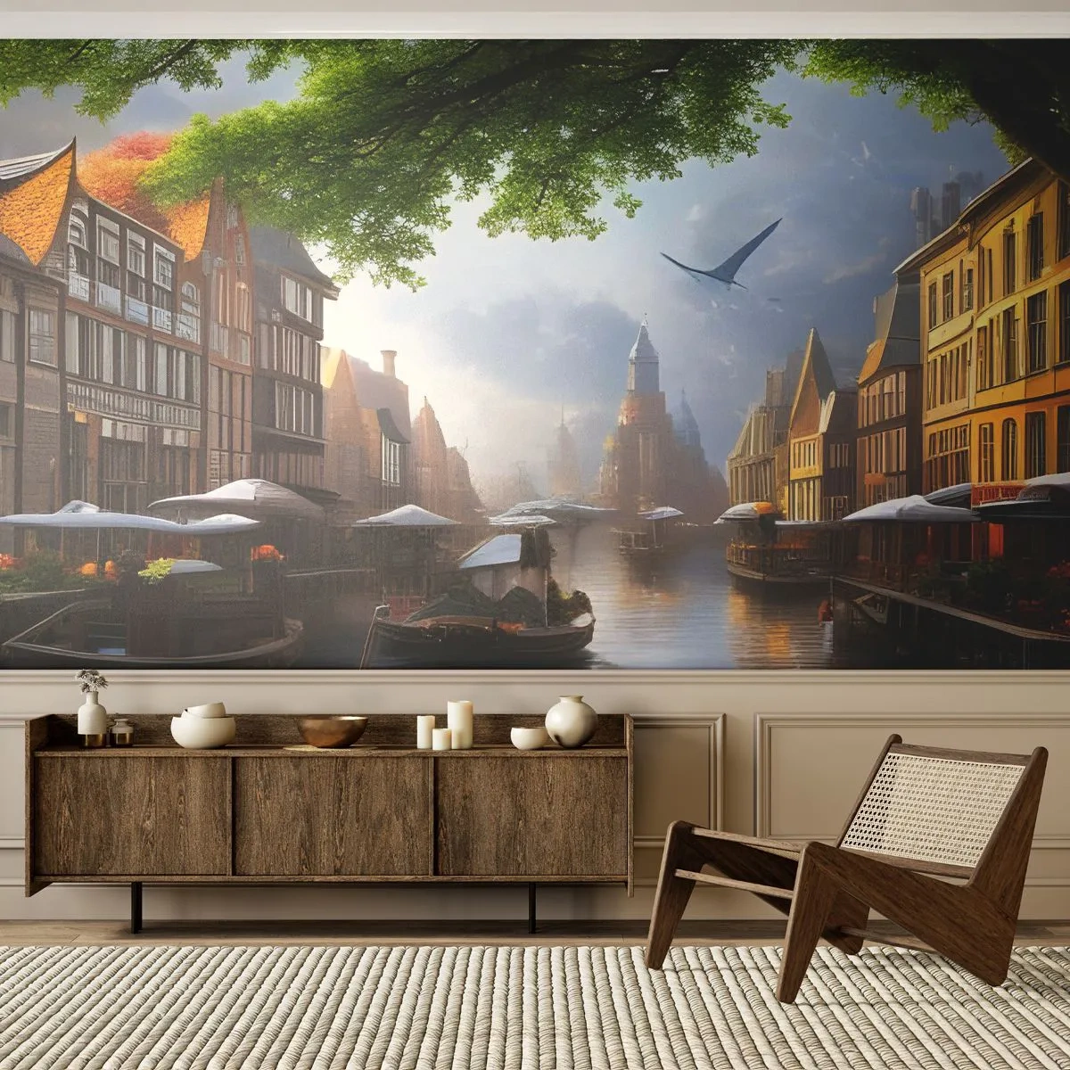 Self-Adhesive Photo Wallpaper Deluxe Sticker - Dutch Urban Landscape - Old Town, Boats, Canal - 250x175 cm