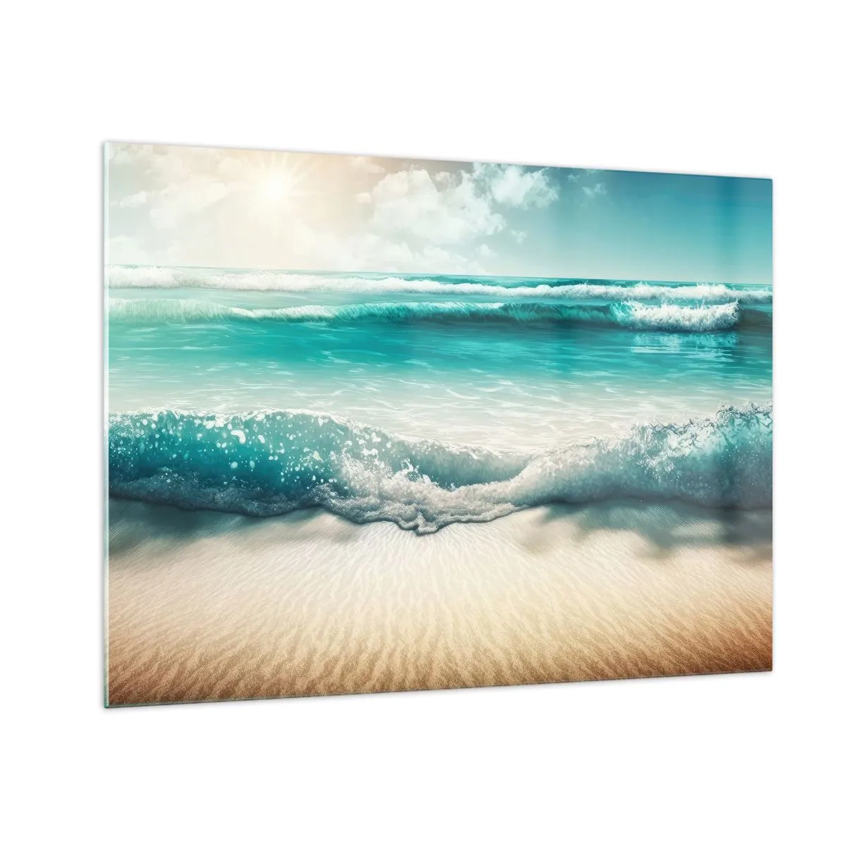 Glass picture - Turquoise ocean waves lapping against a sandy beach - 70x50cm - Calm of the Ocean - Modern wall decoration for the living room and bedroom ARTTOR