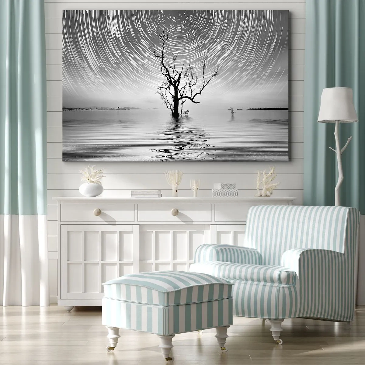 Canvas picture - A tree in the water under a night sky with moving stars - 70x50cm - Symphony of Nature - Modern wall decoration for the living room and bedroom ARTTOR