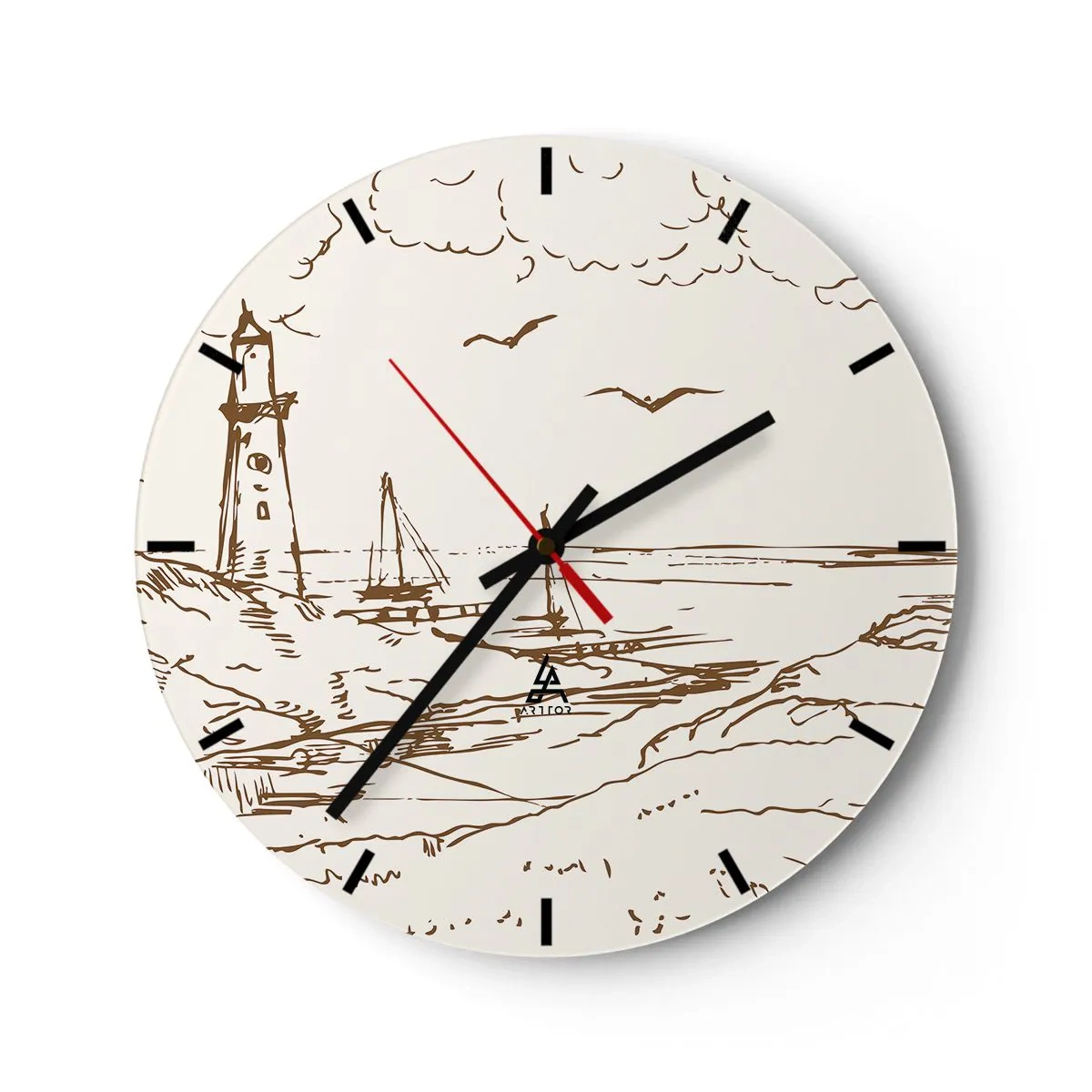 Wall clock - Clock on glass - Illustration of a lighthouse with a sailboat and birds against the sky - 30x30cm - Outline of a Summer Postcard - Modern wall decoration for the living room, kitchen, and bedroom ARTTOR