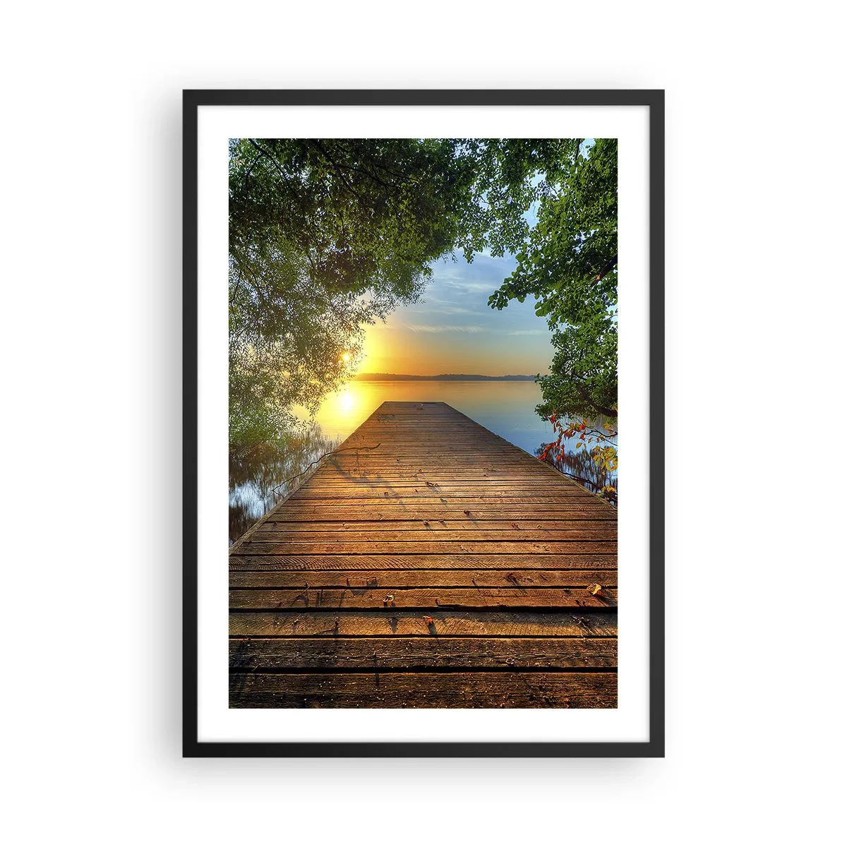 Poster in black frame - Lakeside Pier at Sunset - 50x70cm - Don't Hurry, Sit Down - Modern wall decoration for the living room and bedroom ARTTOR