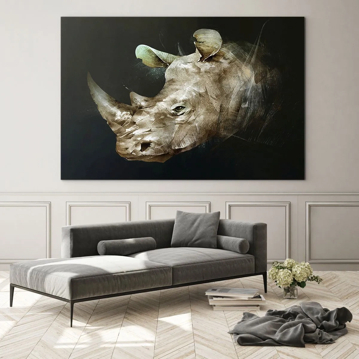 Glass picture - Artistic representation of a rhinoceros head against a dark background - 70x50cm - Real Man Power - Modern wall decoration for the living room and bedroom ARTTOR