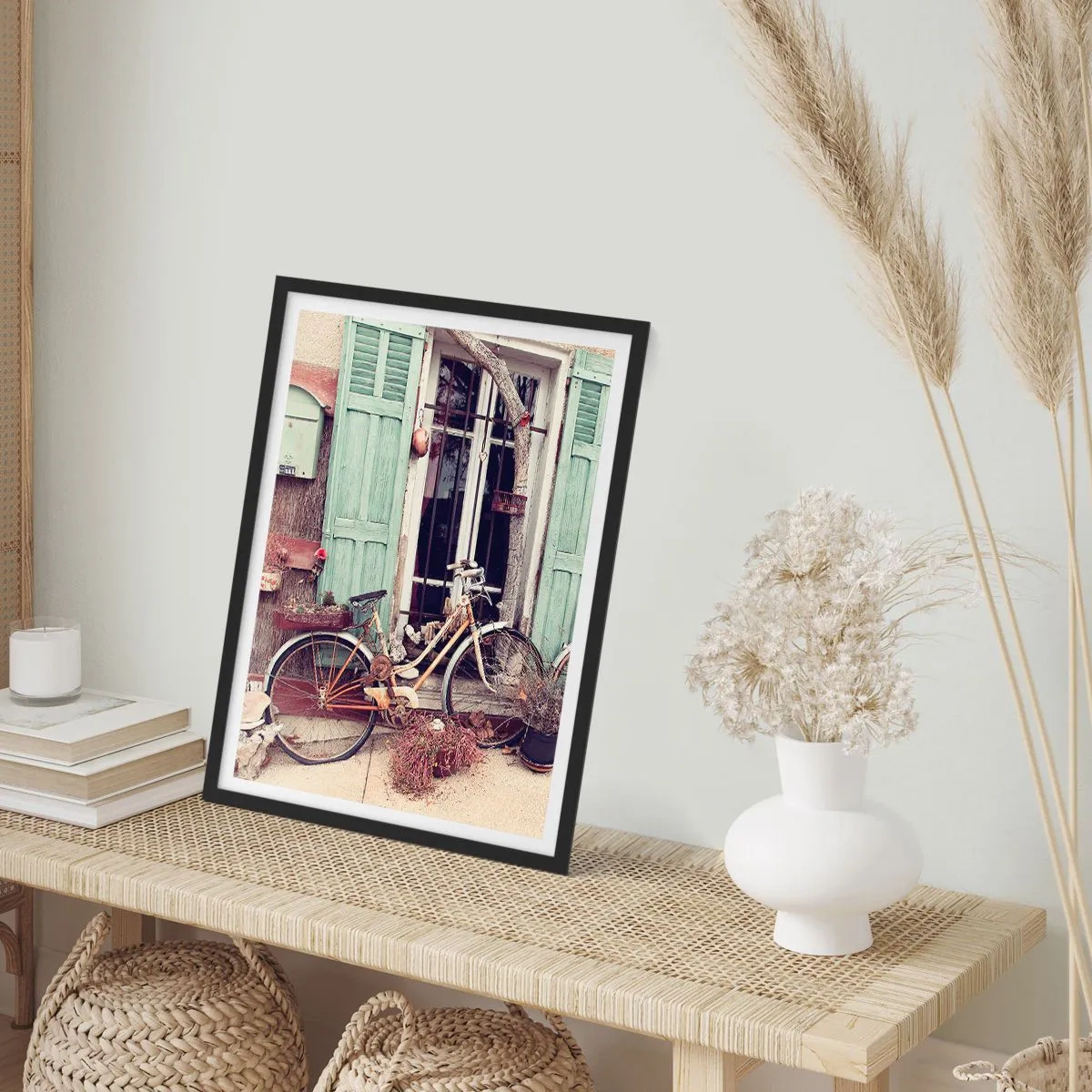 Poster in black frame - An old bicycle in front of wooden green shutters - 50x70cm - Long Live Province - Modern wall decoration for the living room and bedroom ARTTOR