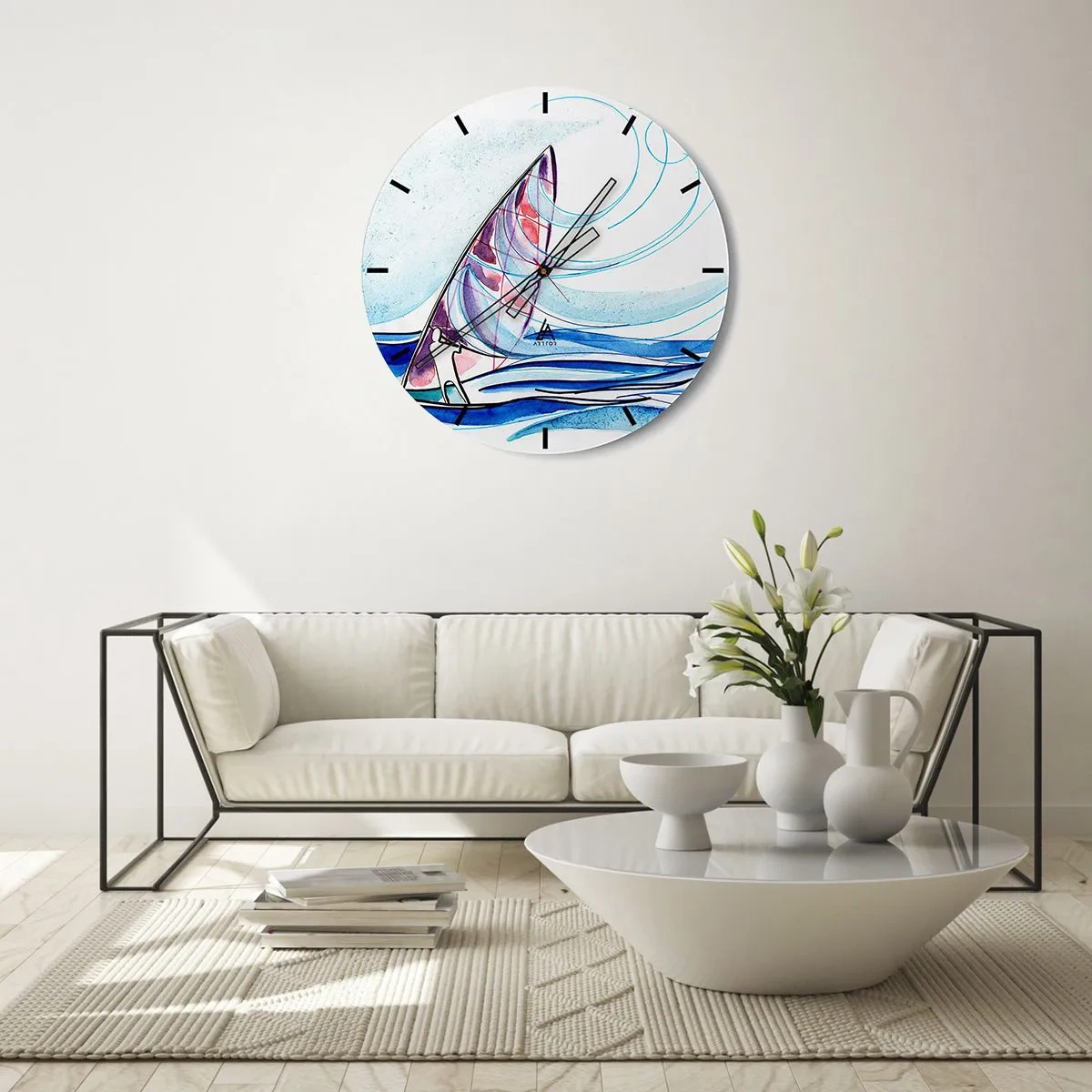 Wall clock - Clock on glass - A sailboat on a stormy sea in a dynamic, abstract form - 30x30cm - In the Rhythm of the Waves - Modern wall decoration for the living room, kitchen, and bedroom ARTTOR