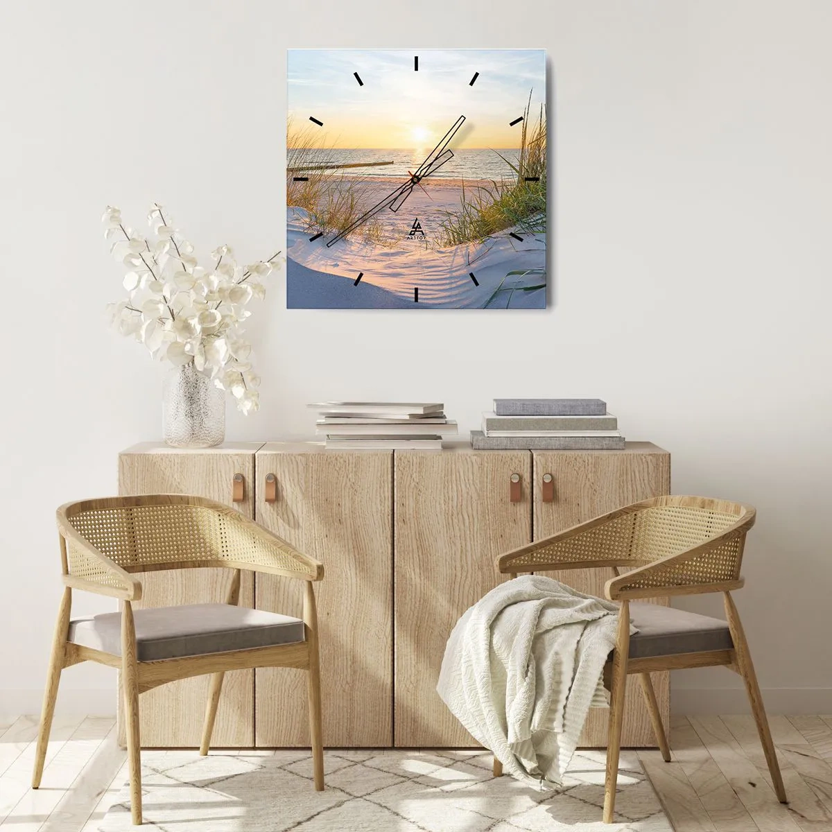 Wall clock - Clock on glass - Sound of the Sea, Singing of the Birds, Wild Beach among Grass - 40x40 cm