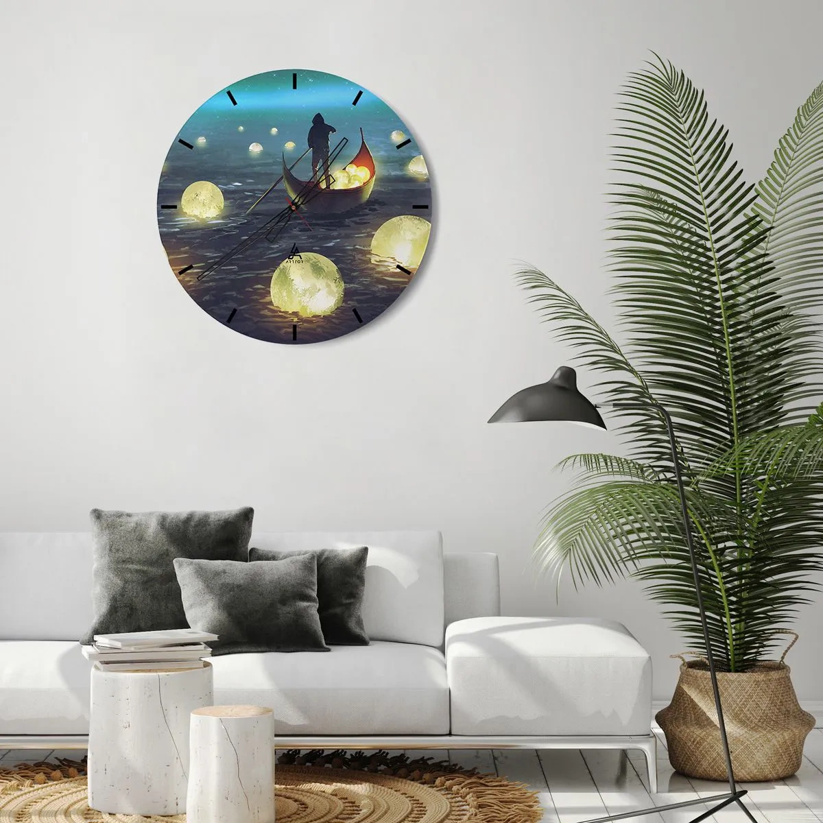 Wall clock - Clock on glass - A figure in a boat surrounded by glowing balls on the water - 30x30cm - Things that Philosophers Did Not Dream About - Modern wall decoration for the living room, kitchen, and bedroom ARTTOR