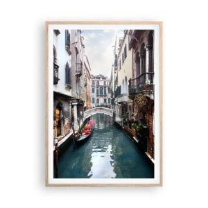 Poster in light oak frame - Venetian View with a Gondola and a Bridge - 70x100 cm