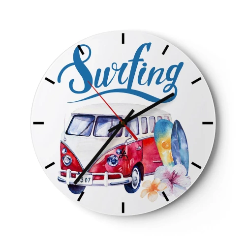 Wall clock - Clock on glass - Surf bus motif with boards and flowers on a white background - 30x30cm - Surfer's Van - Modern wall decoration for the living room, kitchen, and bedroom ARTTOR