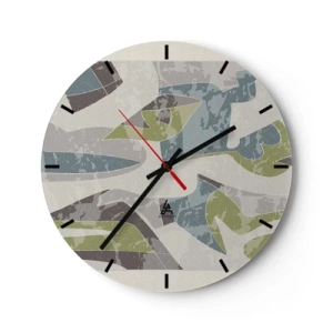 Wall clock - Clock on glass - Geometric abstractions in green and blue on a light background - 30x30cm - Composition with Window Pane - Modern wall decoration for the living room, kitchen, and bedroom ARTTOR