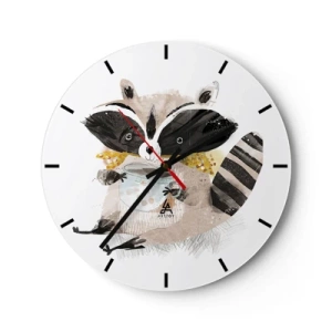 Wall clock - Clock on glass - A cute raccoon holding a mug of hot drink on a white background - 30x30cm - My Friend Raccoon - Modern wall decoration for the living room, kitchen, and bedroom ARTTOR