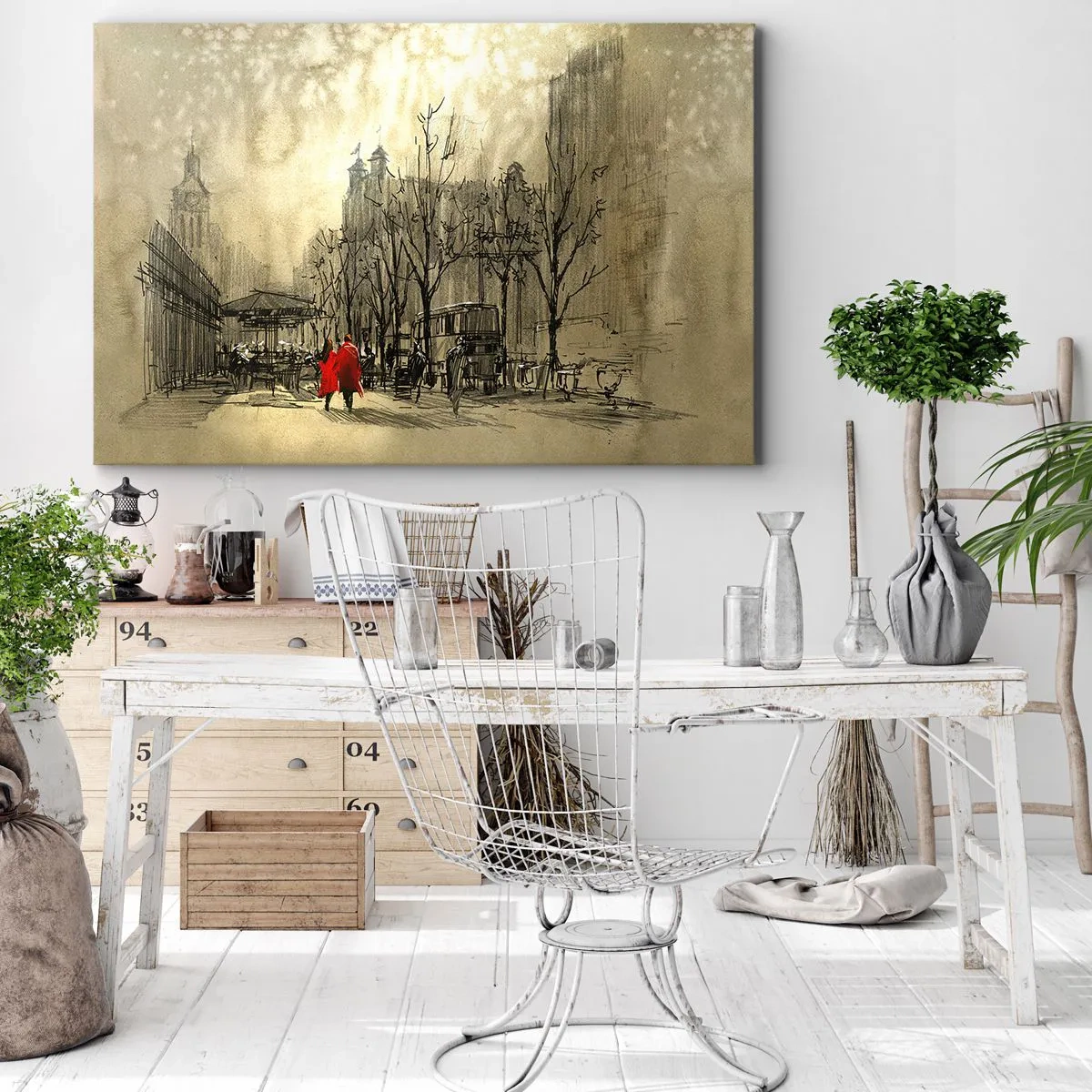 Canvas picture - A red figure in a nostalgic urban setting - 70x50cm - A Date in London Fog - Modern wall decoration for the living room and bedroom ARTTOR