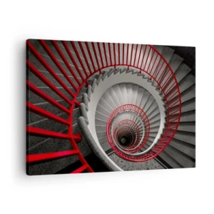 Canvas picture - Spiral staircase with red handrails in a dynamic perspective - 70x50cm - Games of Architecture - Modern wall decoration for the living room and bedroom ARTTOR