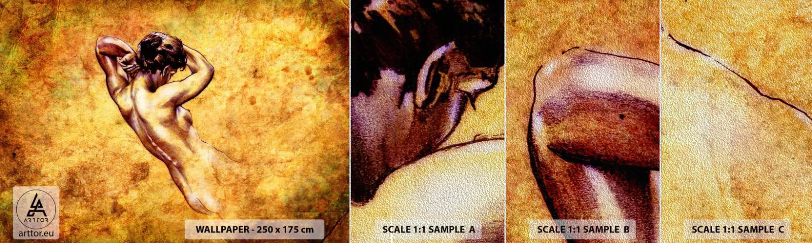 Photo Wallpaper Sample Premium Sand - Discovered but Still Mysterious - Woman, Act, Piece - 100x30 cm