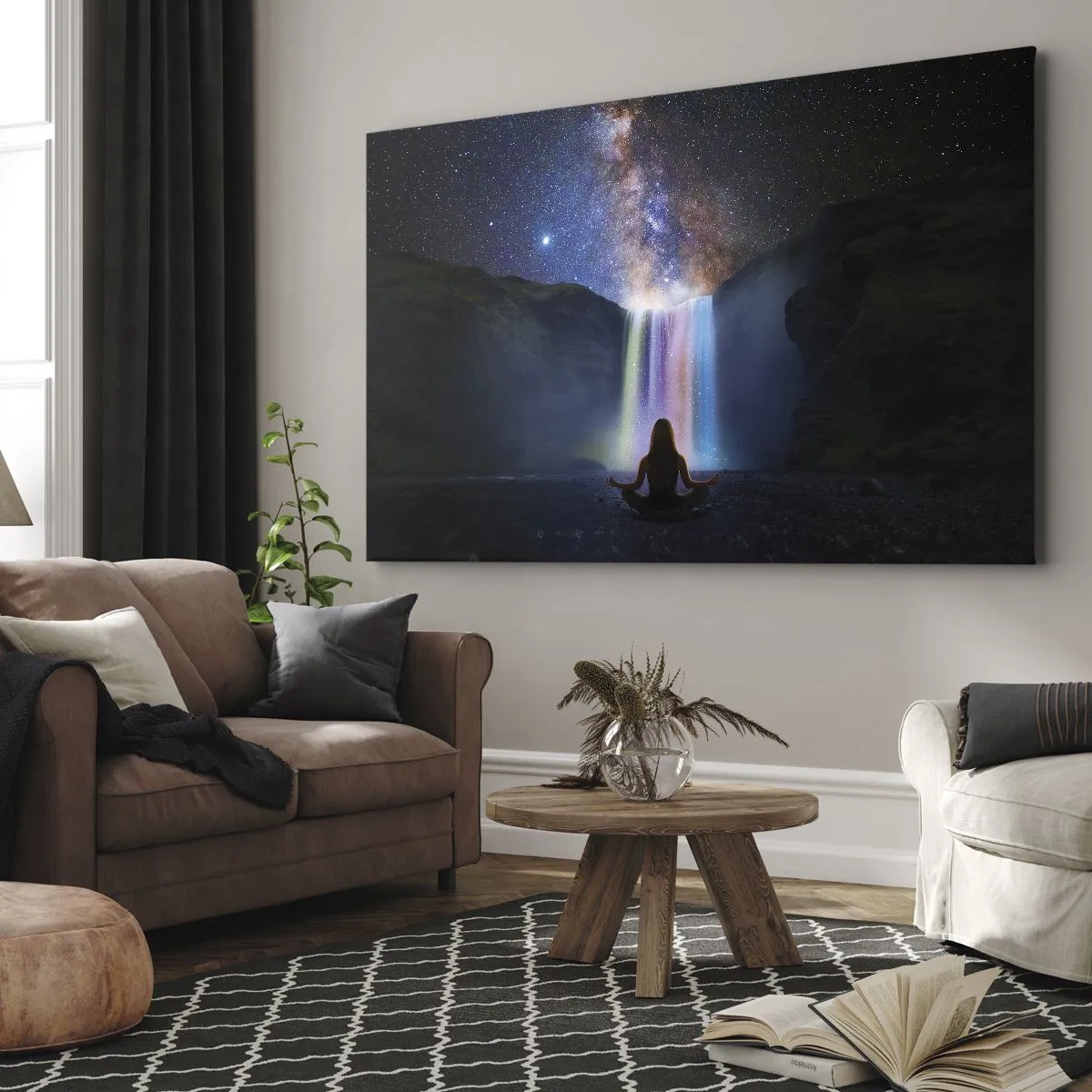 Canvas picture - Meditation in front of a waterfall among the stars - 70x50cm - Absolute Harmony - Modern wall decoration for the living room and bedroom ARTTOR