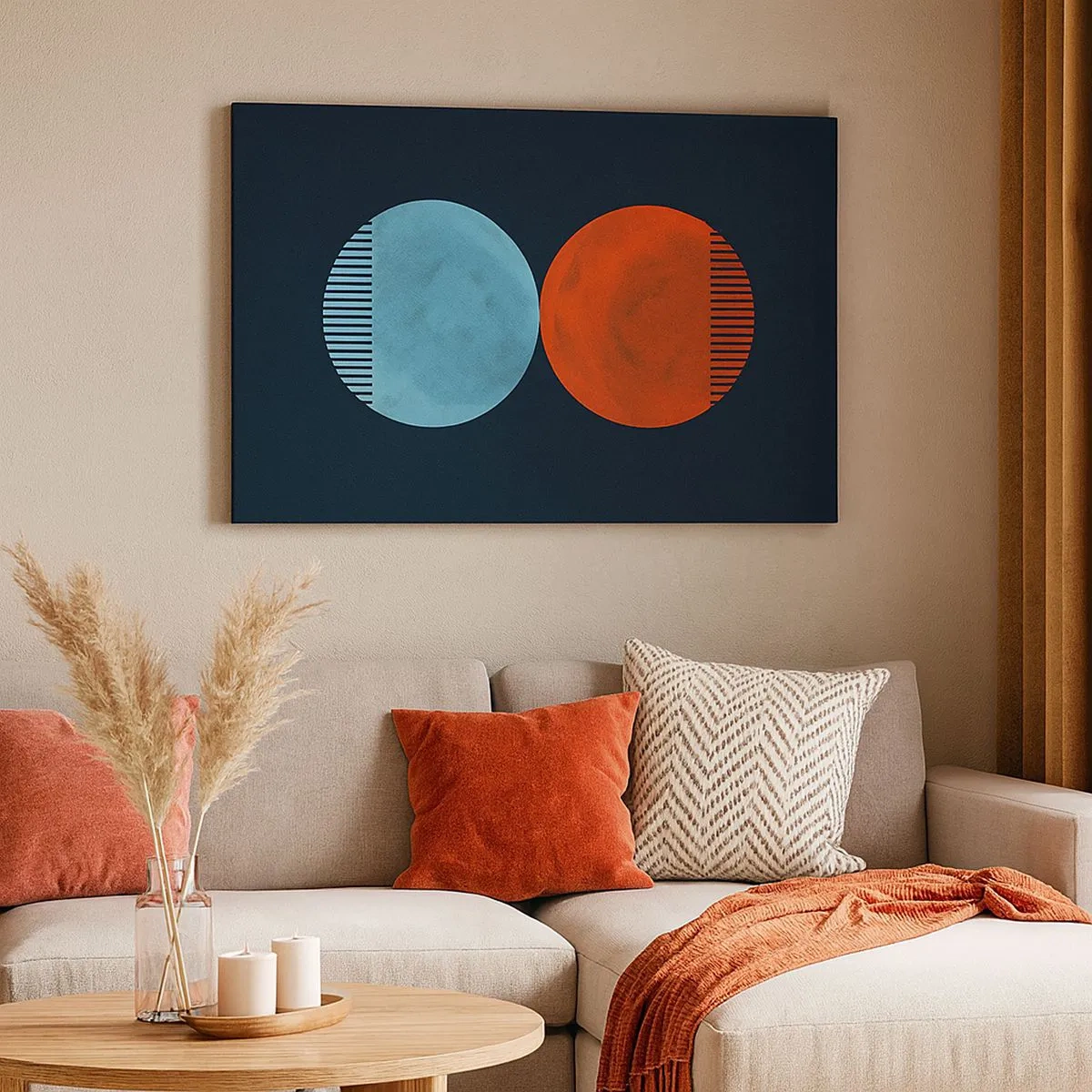 Canvas picture - Minimalist two-wheel design in blue and orange - 70x50cm - Only Geometry? - Modern wall decoration for the living room and bedroom ARTTOR