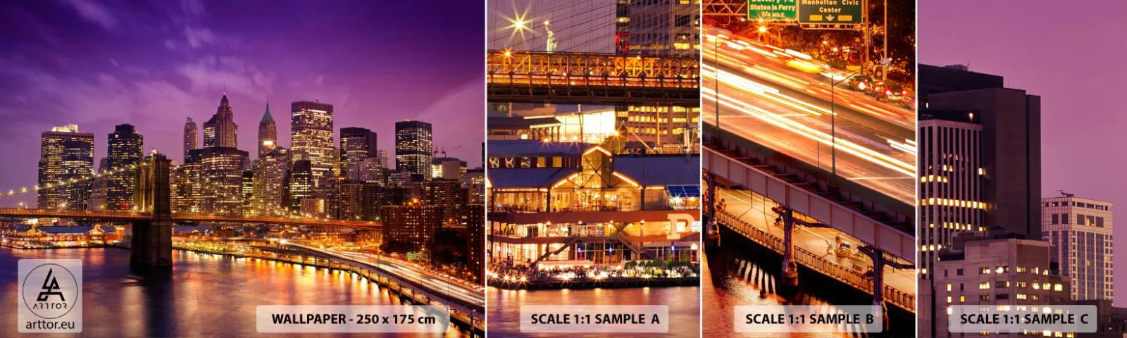 Photo Wallpaper Sample Self-Adhesive Deluxe Sticker - Violet and Gold Manhattan - City, New York, Architecture - 100x30 cm
