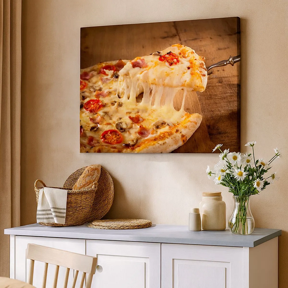 Canvas picture - Pizza with stringy cheese - 70x50cm - Masterpiece of Italian Art - Modern wall decoration for the living room and bedroom ARTTOR