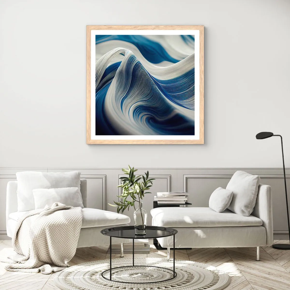 Poster in light oak frame - Fluidity of Blue and White - 40x40 cm