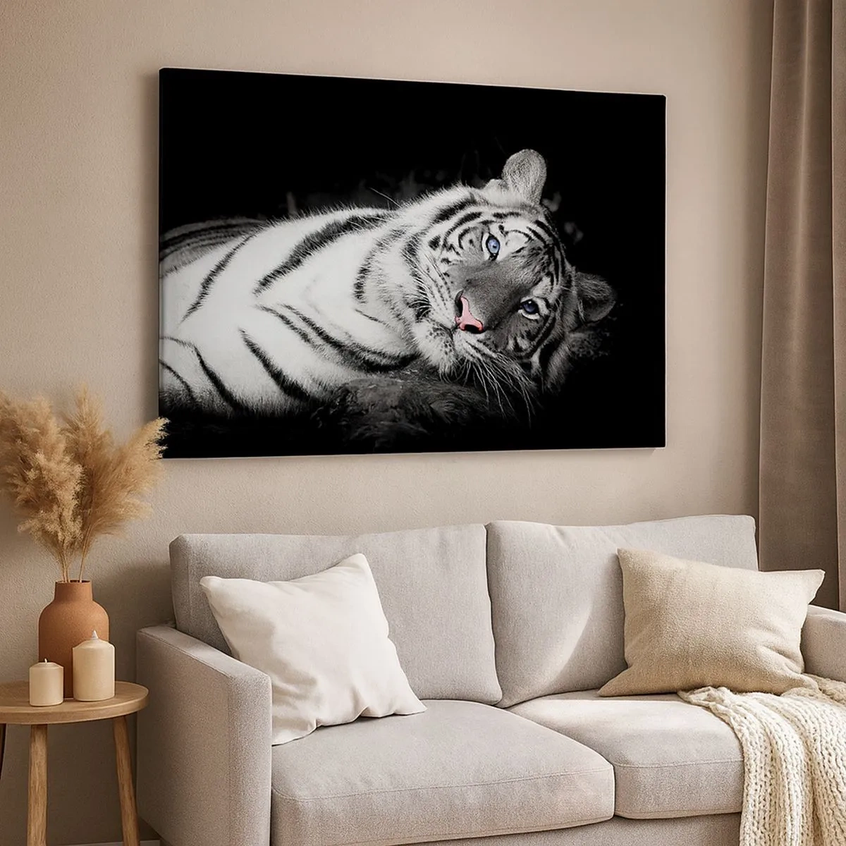 Canvas picture - An artistically rendered white tiger against a black background - 70x50cm - Wilderness and Calm - Modern wall decoration for the living room and bedroom ARTTOR