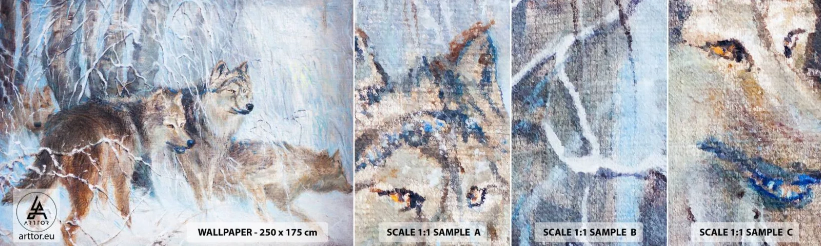 Photo Wallpaper Sample Standard Eco - Watch out! It Is Coming - Animals, Wolves, Forest - 100x30 cm
