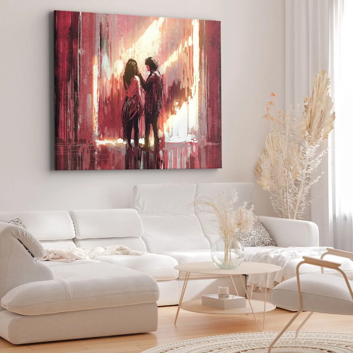Canvas picture - A couple standing in warm light against a backdrop of abstract patterns. - 70x50cm - Eternal Spectacle of Love - Modern wall decoration for the living room and bedroom ARTTOR