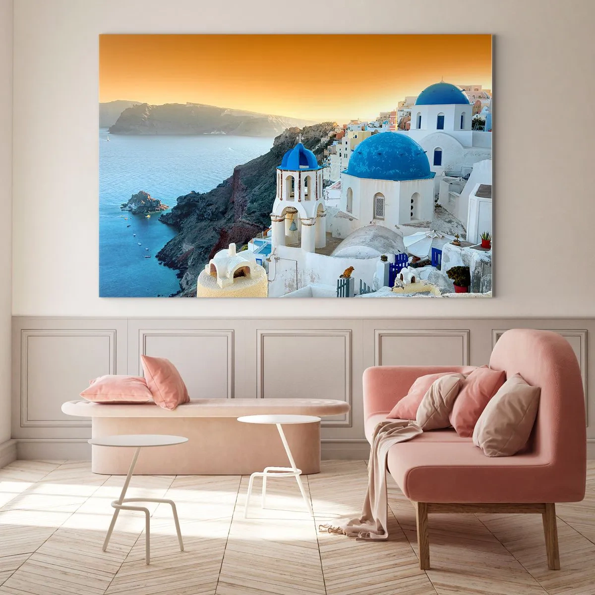 Glass picture - Santorini - Snuggling up to the Rocks - 120x80 cm
