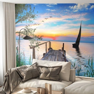 Photo Wallpaper Premium Sand - Good Evening - Landscape, Lake, Wooden Bridge - 500x350 cm
