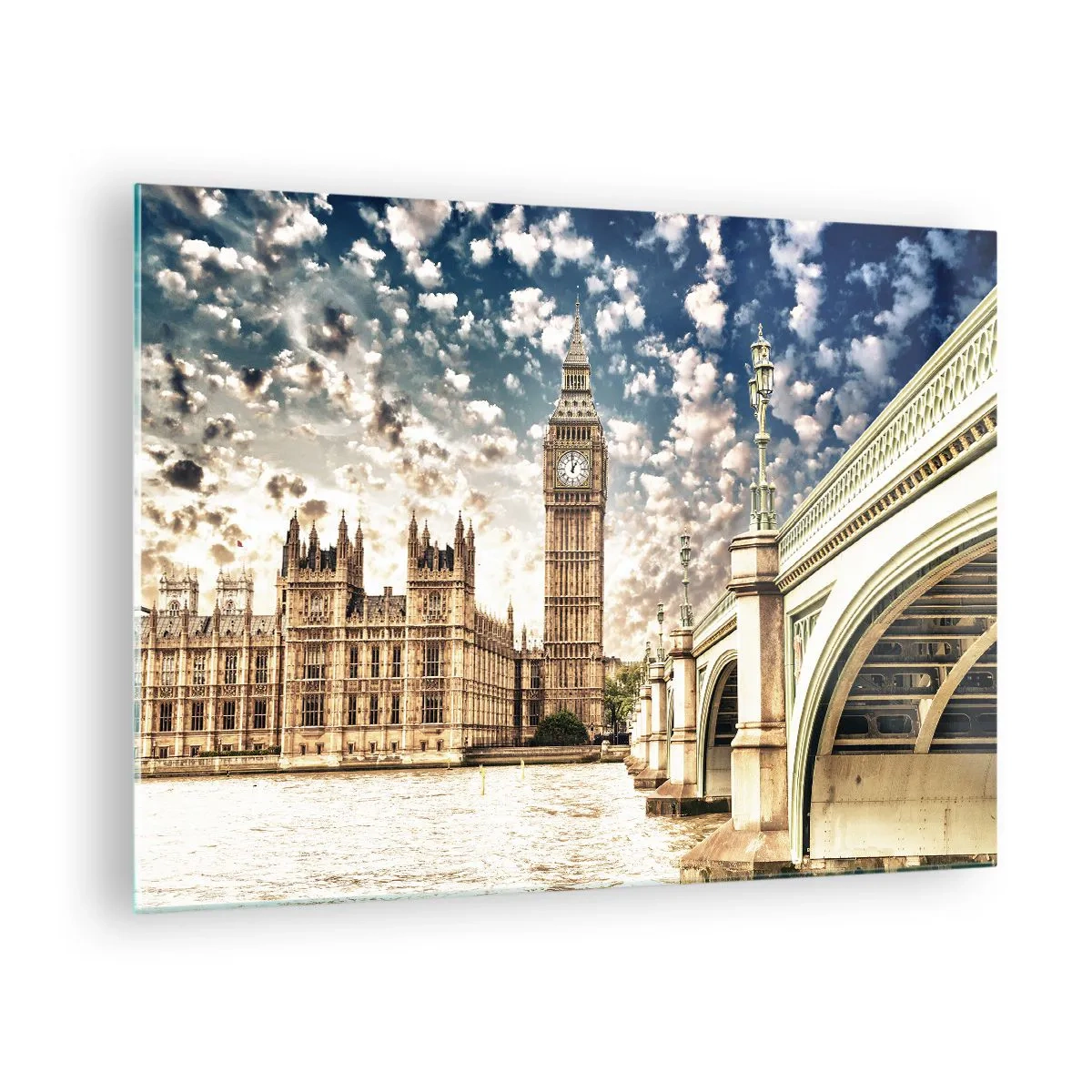 Glass picture - Big Ben and Westminster Bridge in London - 70x50cm - Clouds over the Thames - Modern wall decoration for the living room and bedroom ARTTOR