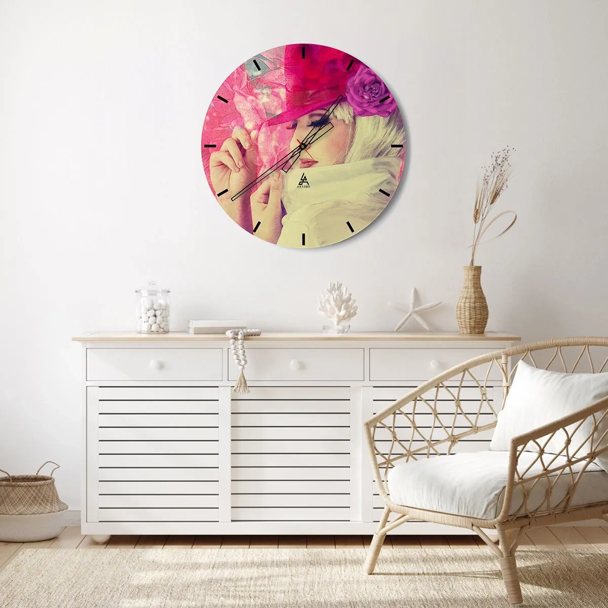 Wall clock - Clock on glass - Retro Portrait in Pink - 40x40 cm