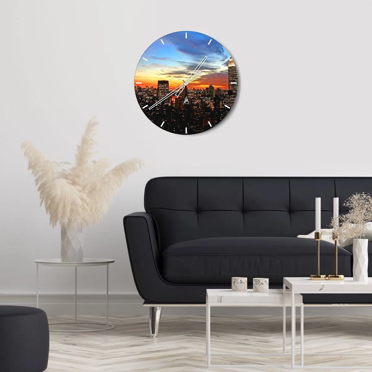 Wall clock - Clock on glass - Panorama of the city at sunset with a clear sky - 30x30cm - Starry American Night - Modern wall decoration for the living room, kitchen, and bedroom ARTTOR