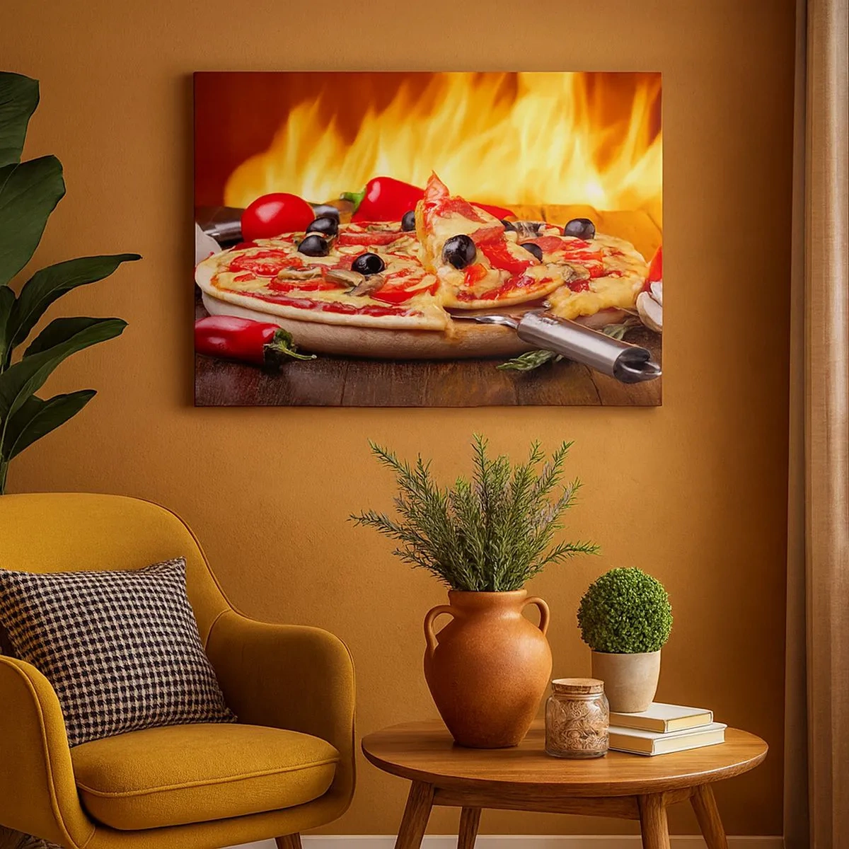 Canvas picture - Pizza with olives, tomatoes and peppers against a background of flames - 70x50cm - From Italy with Love - Modern wall decoration for the living room and bedroom ARTTOR