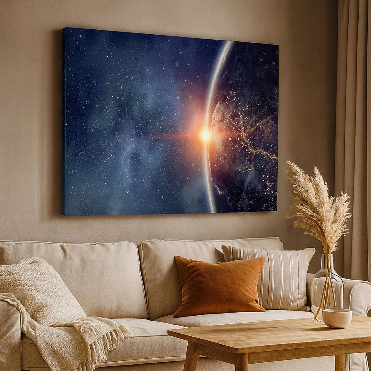 Canvas picture - Earth seen from space with the rising sun - 70x50cm - In a New Perspective - Modern wall decoration for the living room and bedroom ARTTOR