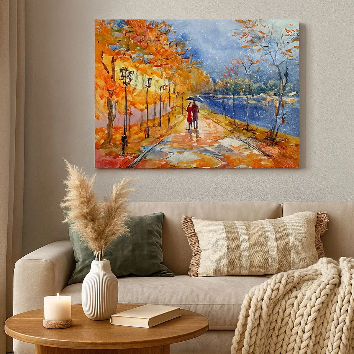 Canvas picture - An autumn walk in the park on the river bank under an umbrella - 70x50cm - Together to the Limit of Time - Modern wall decoration for the living room and bedroom ARTTOR