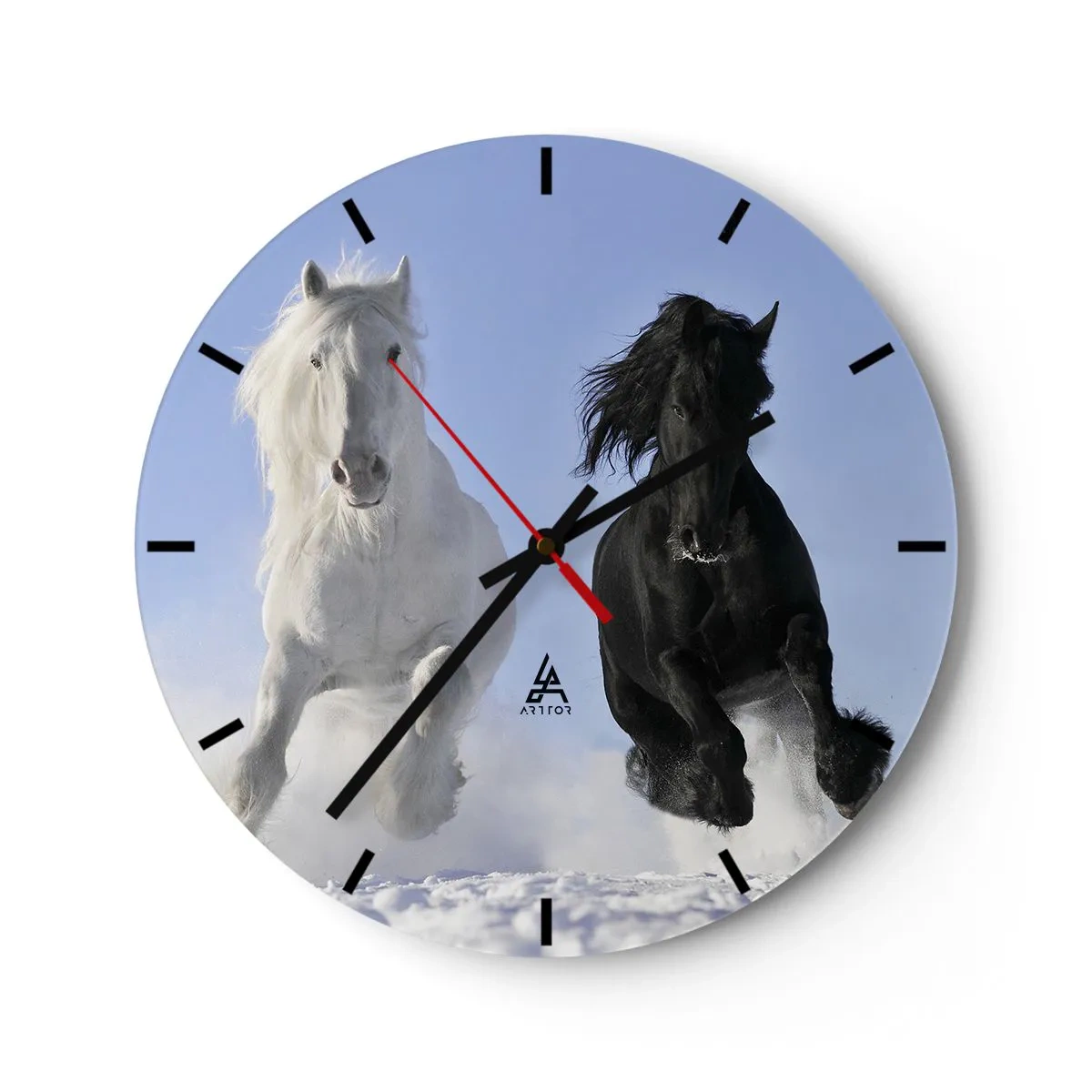 Wall clock - Clock on glass - Black and white horses galloping against the sky - 30x30cm - Black and White Gallop - Modern wall decoration for the living room, kitchen, and bedroom ARTTOR
