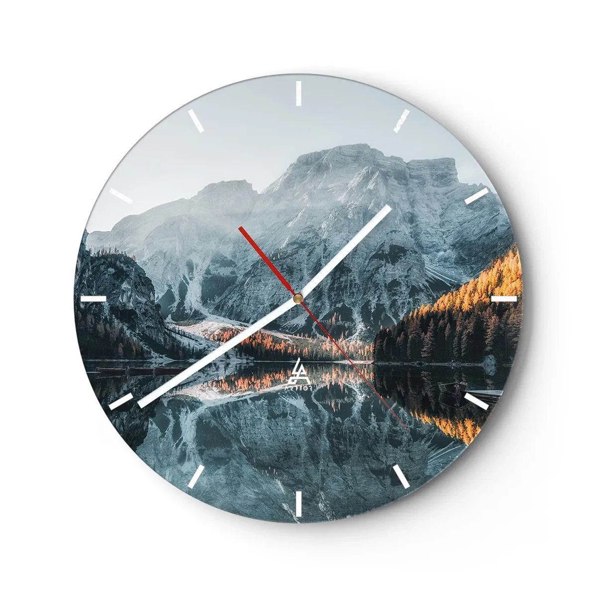 Wall clock - Clock on glass - A mountain landscape reflected in the surface of a calm lake - 30x30cm - Mirror Landscape - Modern wall decoration for the living room, kitchen, and bedroom ARTTOR