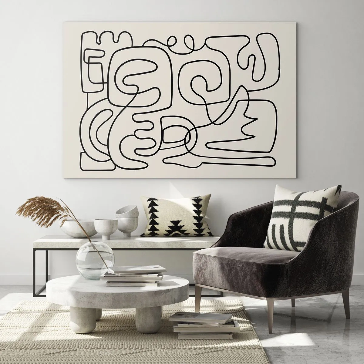 Glass picture - Black abstract lines form a complex pattern on beige - 70x50cm - Tracing - Modern wall decoration for the living room and bedroom ARTTOR