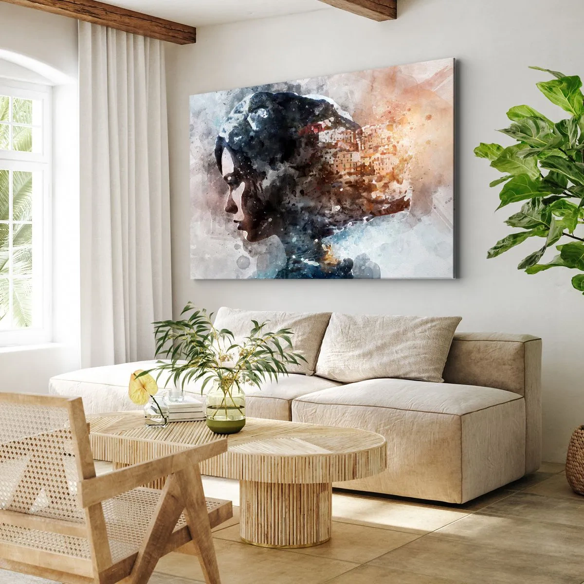 Canvas picture - Portrait of a woman combining her face with an urban landscape in the background - 70x50cm - Tale about a Girl with a City in the Background - Modern wall decoration for the living room and bedroom ARTTOR
