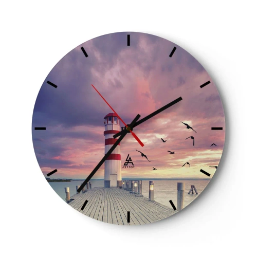 Wall clock - Clock on glass - Lighthouse at sunset over the water - 30x30cm - Time for Port - Modern wall decoration for the living room, kitchen, and bedroom ARTTOR