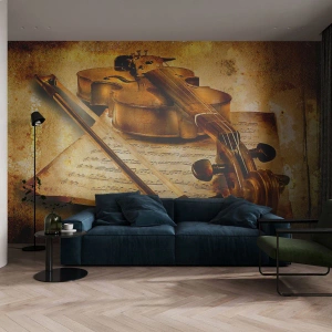 Photo Wallpaper Standard Eco - Vintage violin and sheet music on old paper background - 100x70cm - Virtuoso Wanted - Modern wall decoration for the living room and bedroom ARTTOR