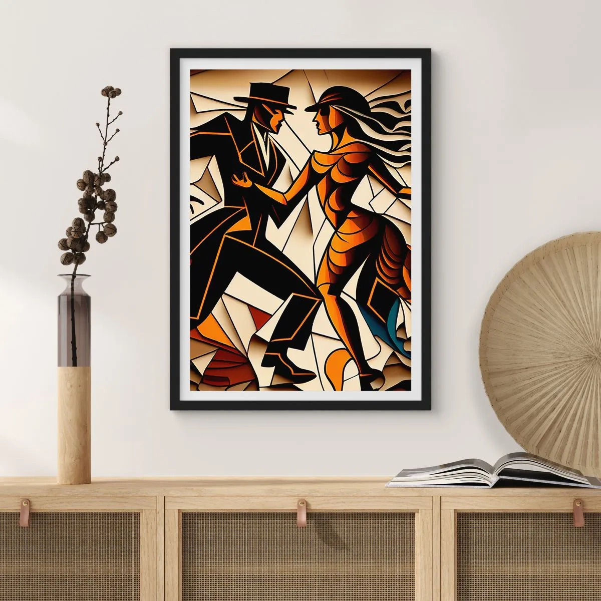 Poster in black frame - A dynamic couple dancing the tango in a cubist style. - 50x70cm - Dance of Passion  - Modern wall decoration for the living room and bedroom ARTTOR