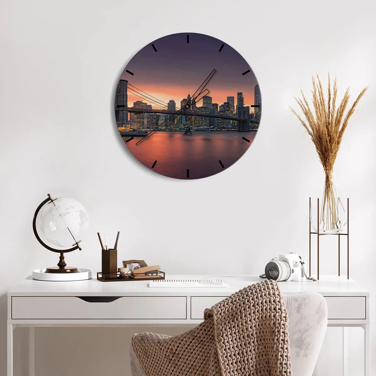 Wall clock - Clock on glass - Panorama of the city with the bridge at sunset - 30x30cm - Submerged in Lilac Silence - Modern wall decoration for the living room, kitchen, and bedroom ARTTOR