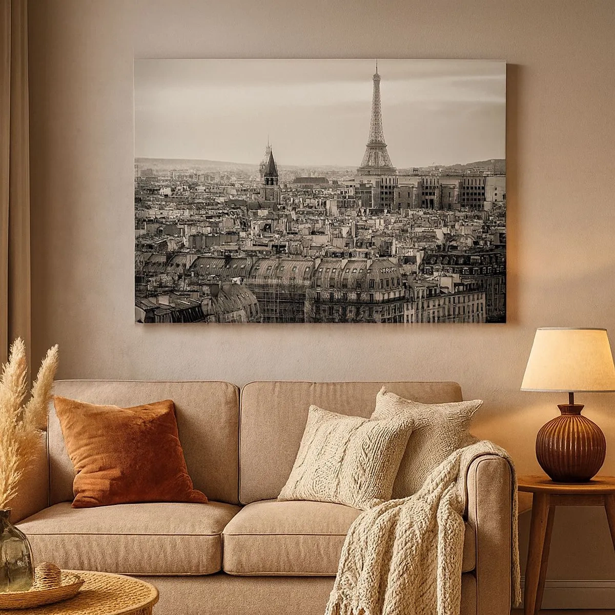 Canvas picture - Panorama of Paris with the Eiffel Tower in sepia tones - 70x50cm - Over the Roofs of Paris - Modern wall decoration for the living room and bedroom ARTTOR