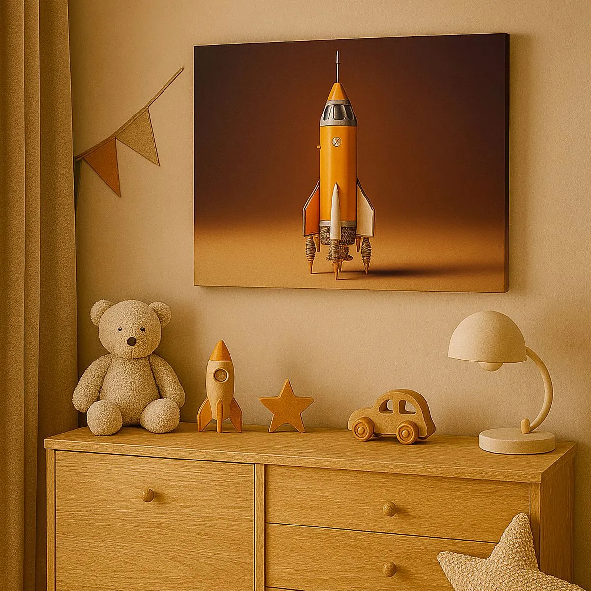 Canvas picture - A retro-style rocket against a background of brown tones - 70x50cm - It Starts with a Dream - Modern wall decoration for the living room and bedroom ARTTOR