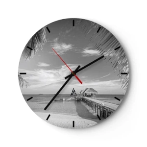 Wall clock - Clock on glass - A black and white pier with a gazebo on the ocean and palm trees in the frame. - 30x30cm - Memory or a Dream? - Modern wall decoration for the living room, kitchen, and bedroom ARTTOR