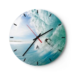 Wall clock - Clock on glass - Surfer in a water tunnel against a blue sky - 30x30cm - Riding the Wave - Modern wall decoration for the living room, kitchen, and bedroom ARTTOR