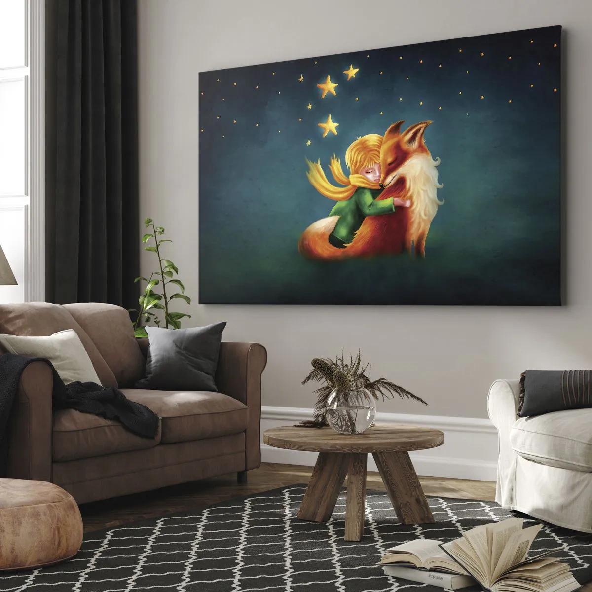 Canvas picture - A boy with a fox in a magical setting with stars - 70x50cm - Little Prince - Modern wall decoration for the living room and bedroom ARTTOR