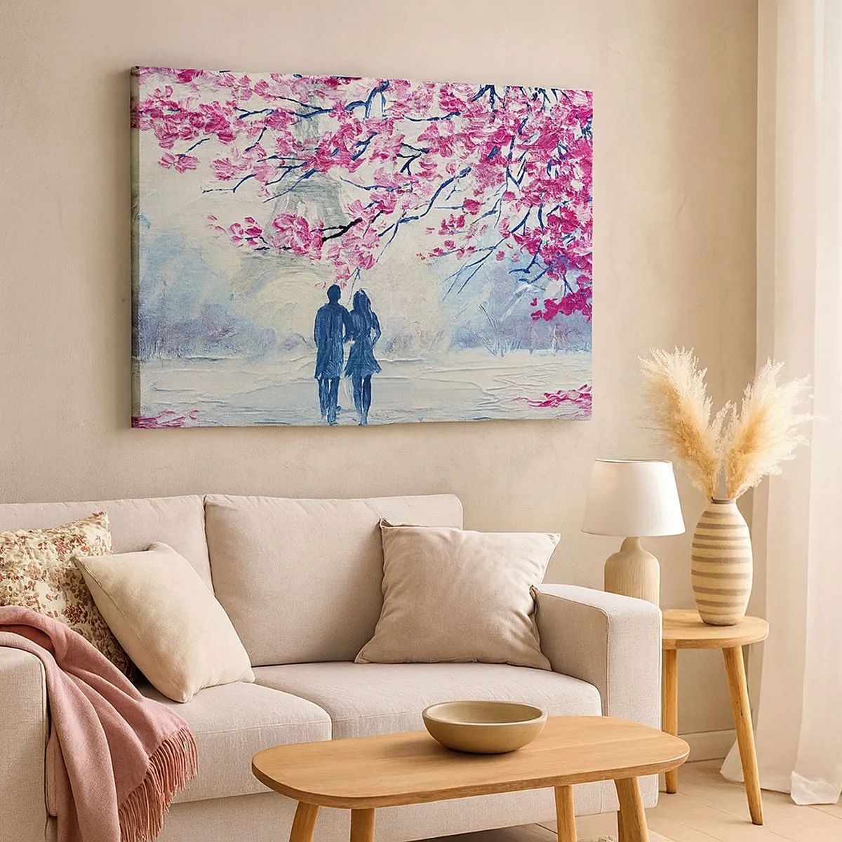 Canvas picture - A couple under blooming pink trees in a romantic setting - 70x50cm - Romantic Walk - Modern wall decoration for the living room and bedroom ARTTOR