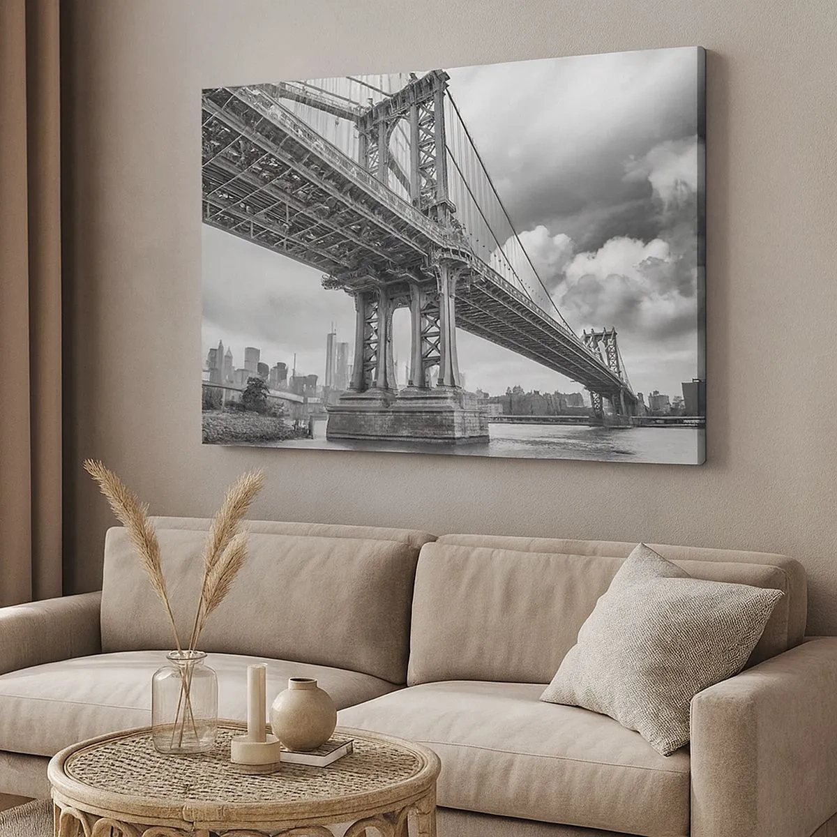 Canvas picture - A bridge in black and white with a view of the city - 70x50cm - To the Heart of a City - Modern wall decoration for the living room and bedroom ARTTOR
